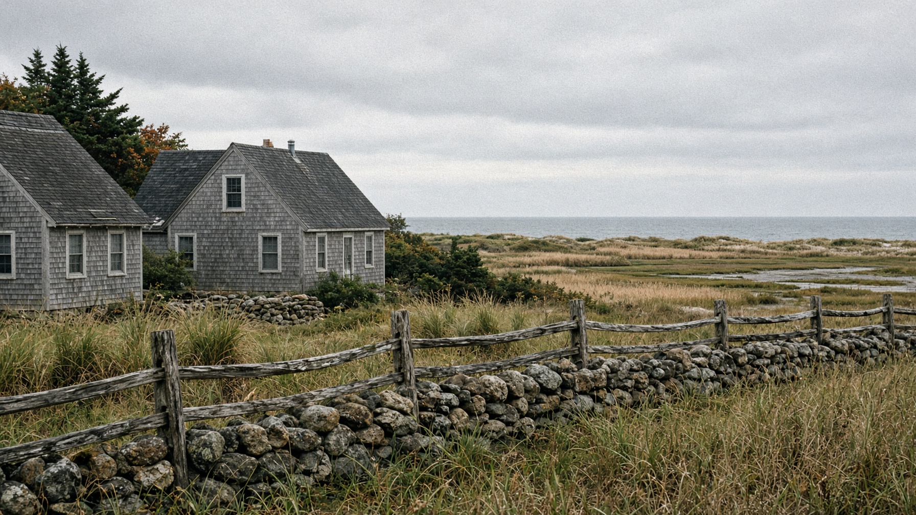Weathered shingled cottages behind a stone wall and split-rail fence, with salt marsh and open water beyond, on the South County coast